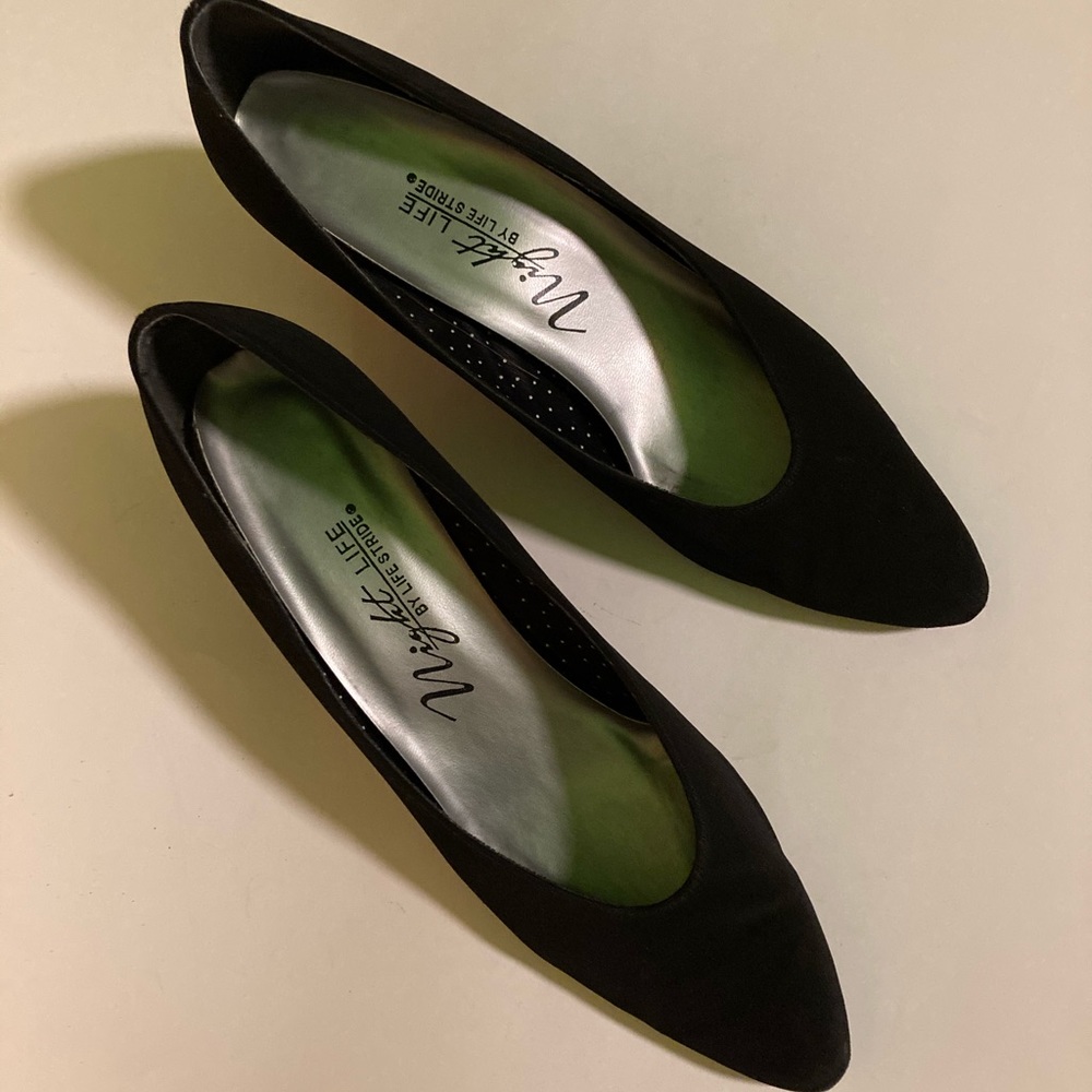 Night Life by Life Stride, black fabric dress heels, 2” heel, 11B, $35.